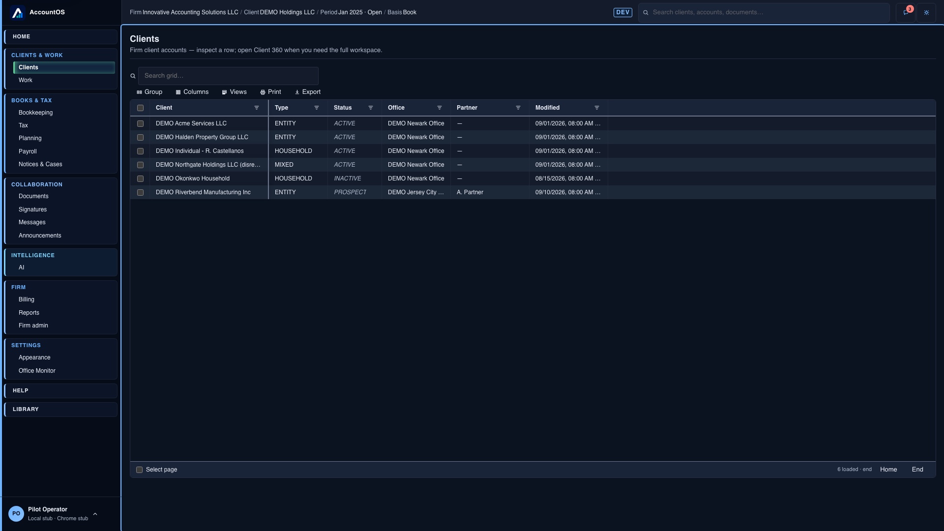 AccountOS client list for a pilot firm