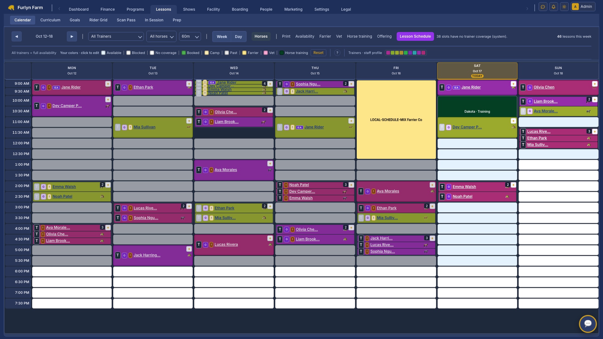 Furlyn lesson schedule week view with many booked lessons